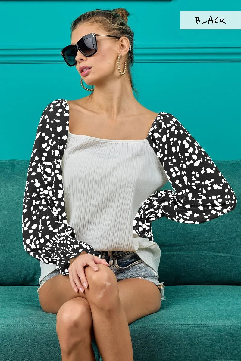 BiBi Ribbed Top with Leopard Long Sleeves BLACK