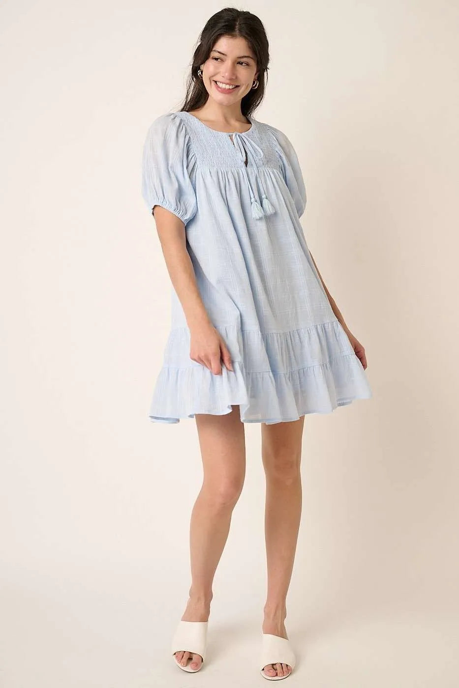 Mittoshop Tassel Tie Plaid Gauze Short Sleeve Mini Dress