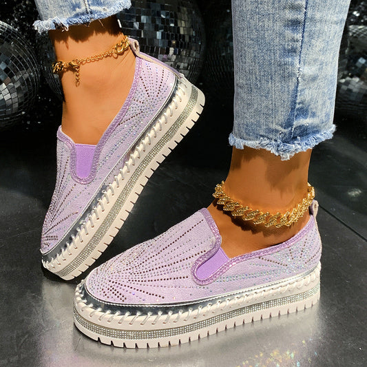 Women's Rhinestone Loafers - Casual Slip-On Dress Shoes with Thick Sole
