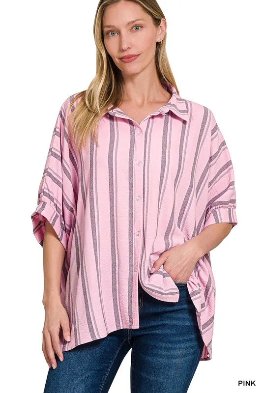 Zenana Woven Yarn-Dye Stripe Oversized Button Down Shirt PINK