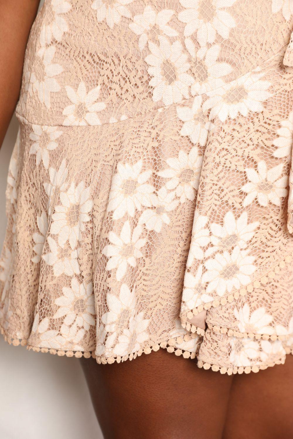 Double Take Floral Lace Tie-Waist Dress with Pompom Detail and Flutter Sleeves for Effortless Elegance