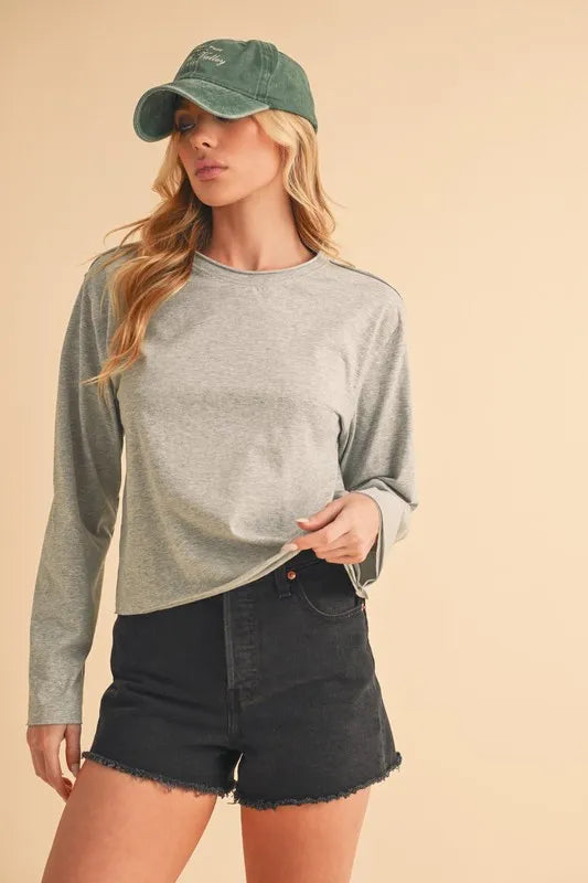 Aemi+Co Round Neck Long Sleeve T-Shirt HEATHER GRAY