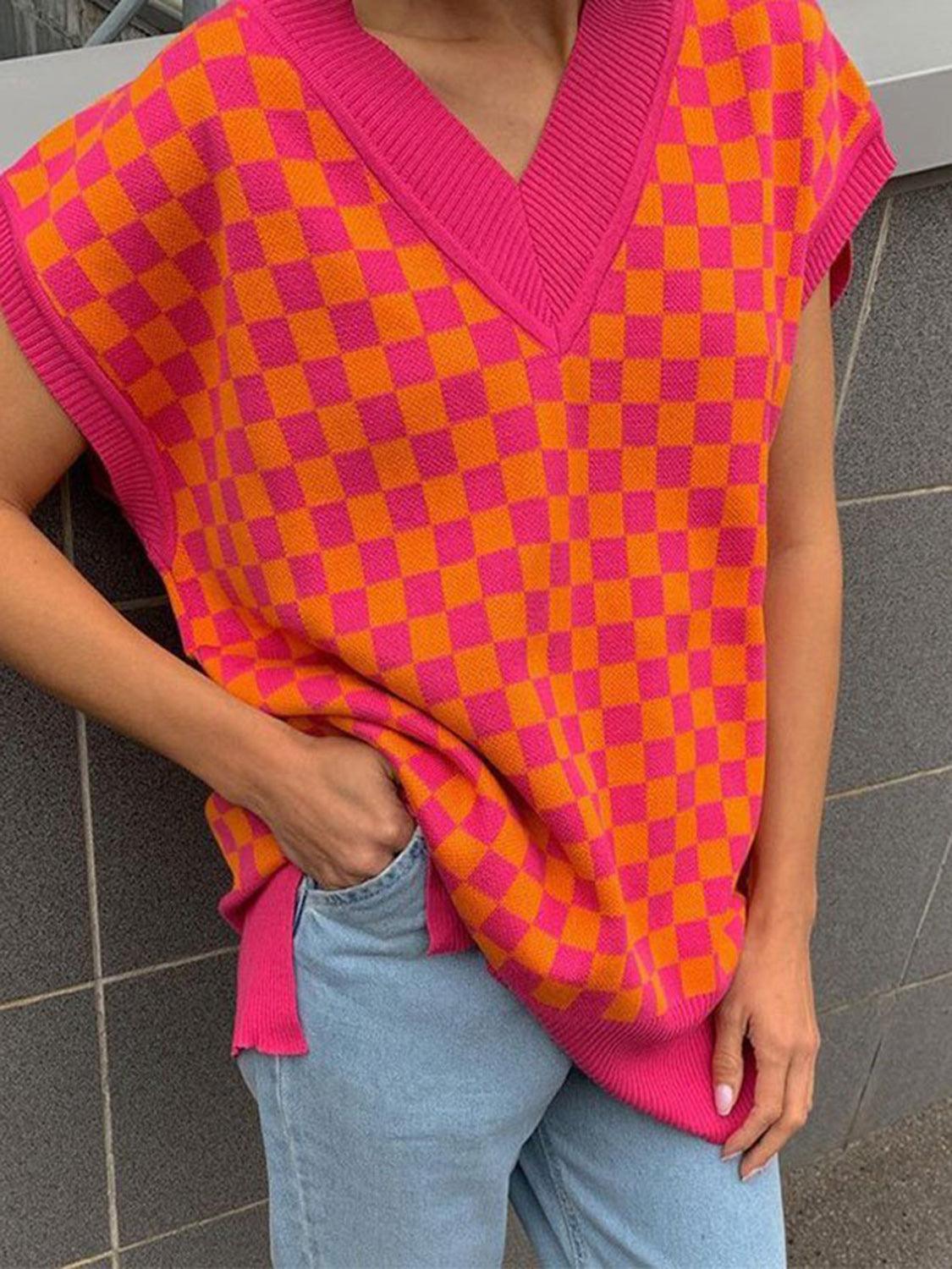 Full Size Checkered V-Neck Sweater with Cap Sleeves