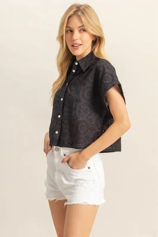 HYFVE Lightweight Eyelet Button Down Short Sleeve Shirt