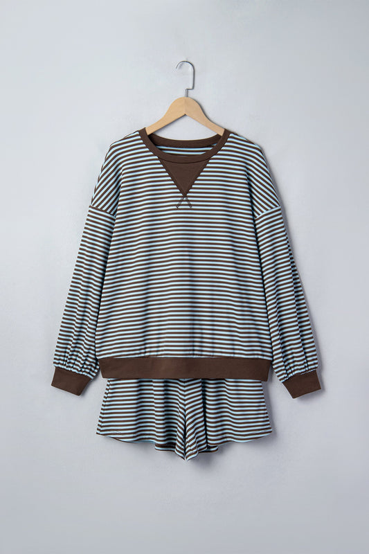 Stripe Oversized Long Sleeve Top & Drawstring Shorts Set