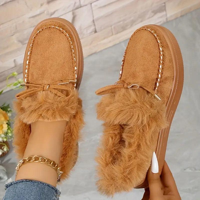 Bow Furry Round Toe Flat Slip-Ons Brown