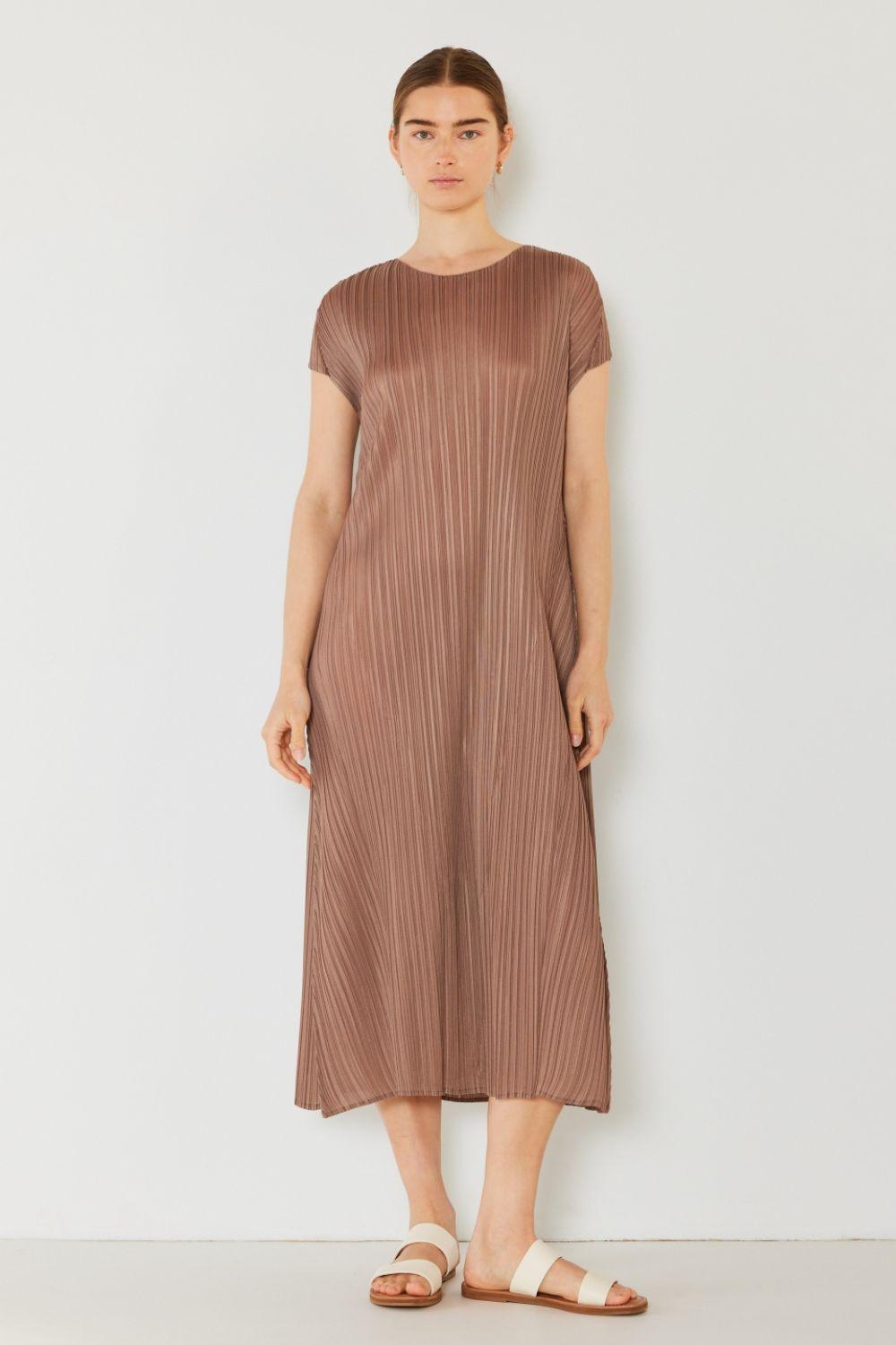 Marina West Swim Pleated Cap Sleeve A-Line Dress Gray Brown
