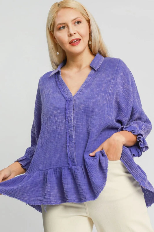 Umgee Plus Size Size Mineral Washed Cotton Gauze Top Electric Purple