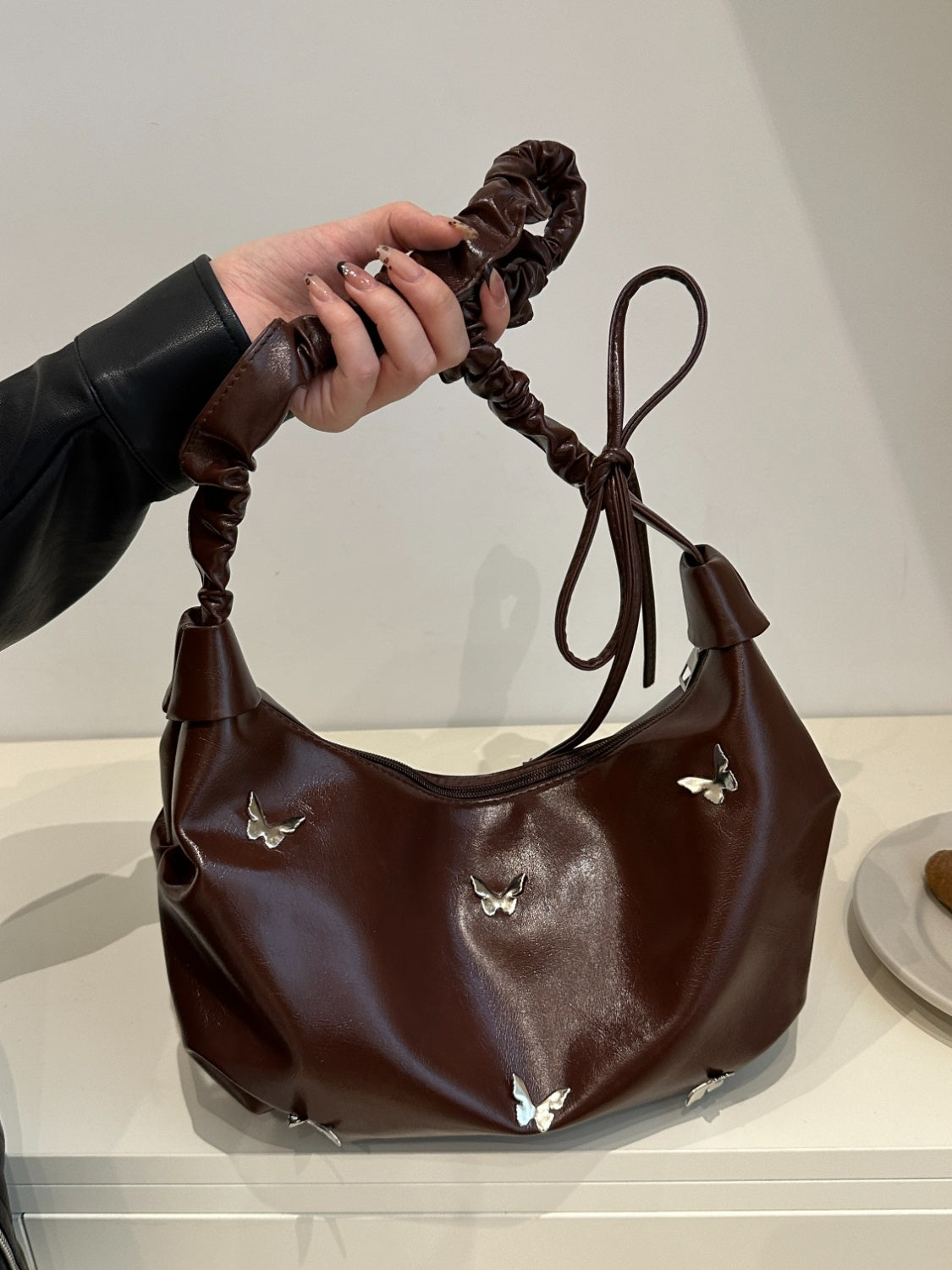 Butterfly Ruched Strap Shoulder Bag Chocolate One Size