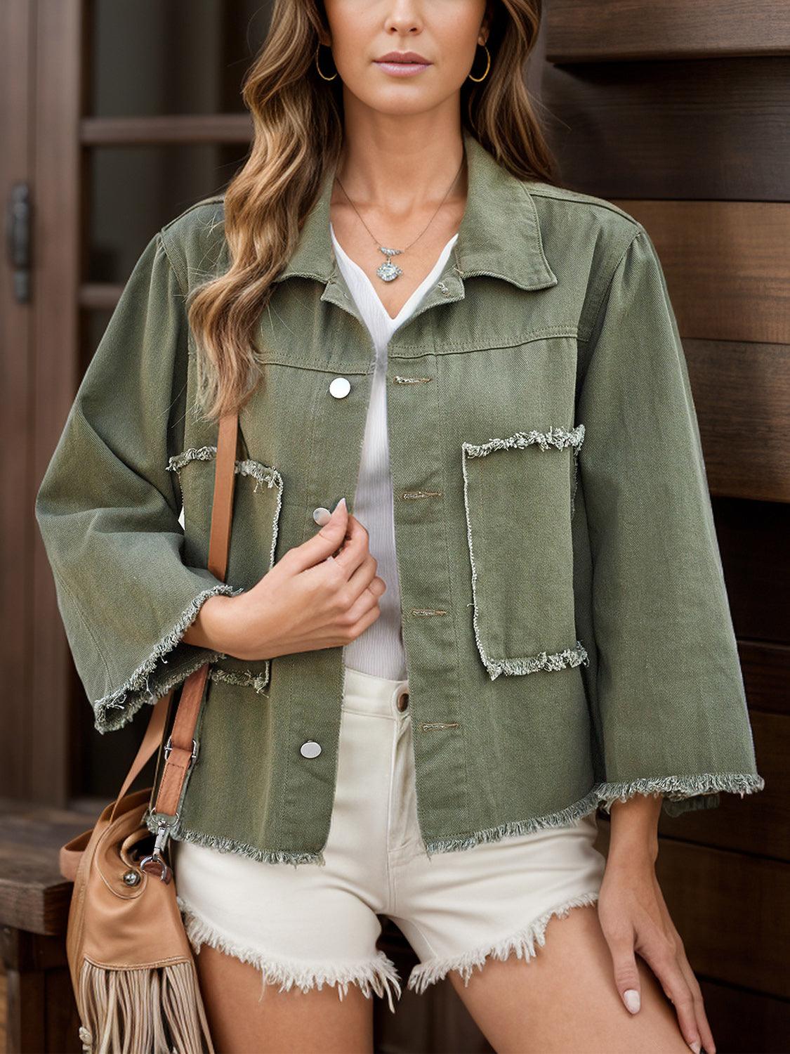 Raw Hem Button Up Denim Jacket Moss