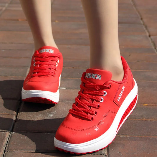 Lace Up Rocker Sole Sneakers Red