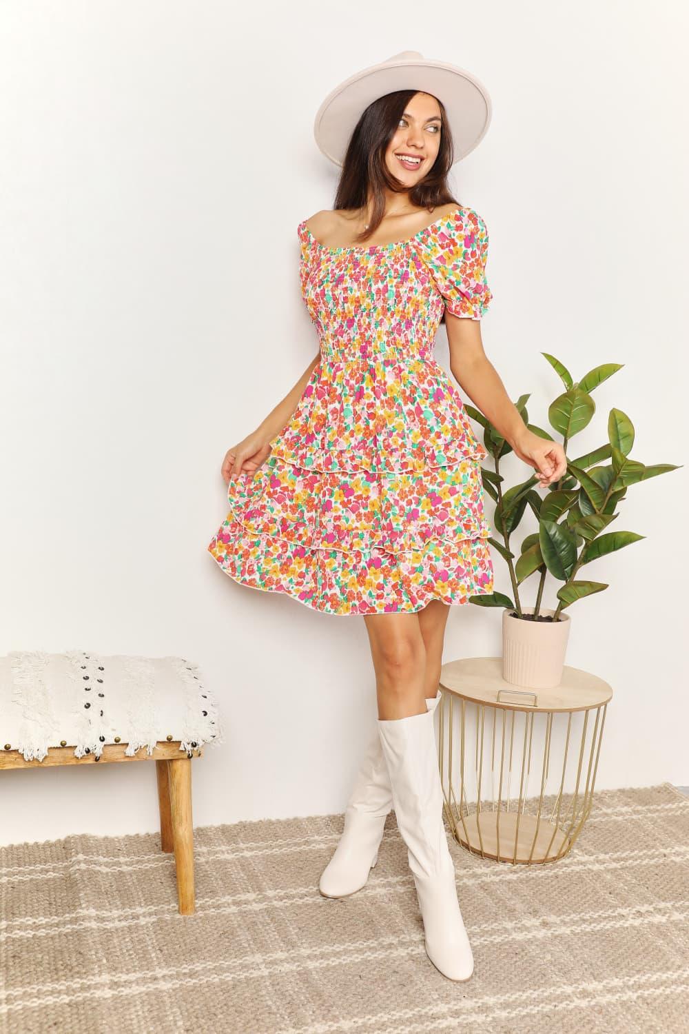 Double Take Smocked Sweetheart Mini Dress with Flounce Sleeves