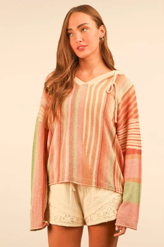 VERY J Multi Color Stripe Long Sleeve Knit Hoodie