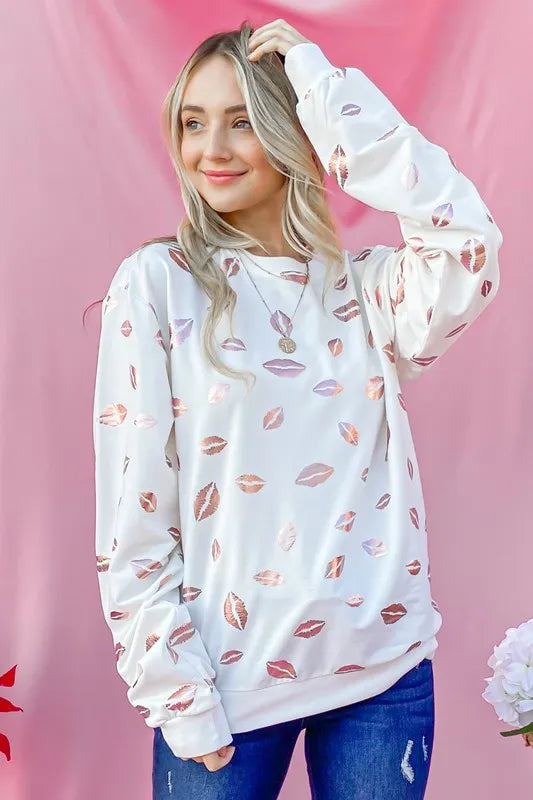 And The Why Kiss Pink Foil Allover Print Pullover Sweatshirts