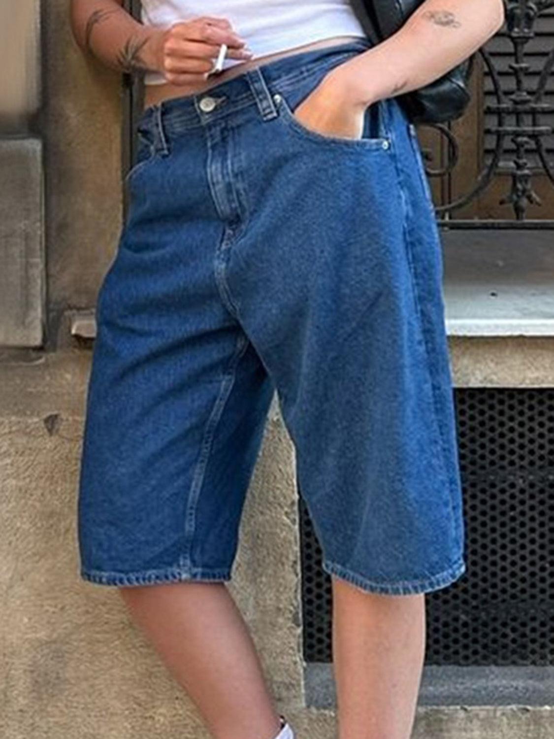 High Waist Denim Shorts with Pockets Navy