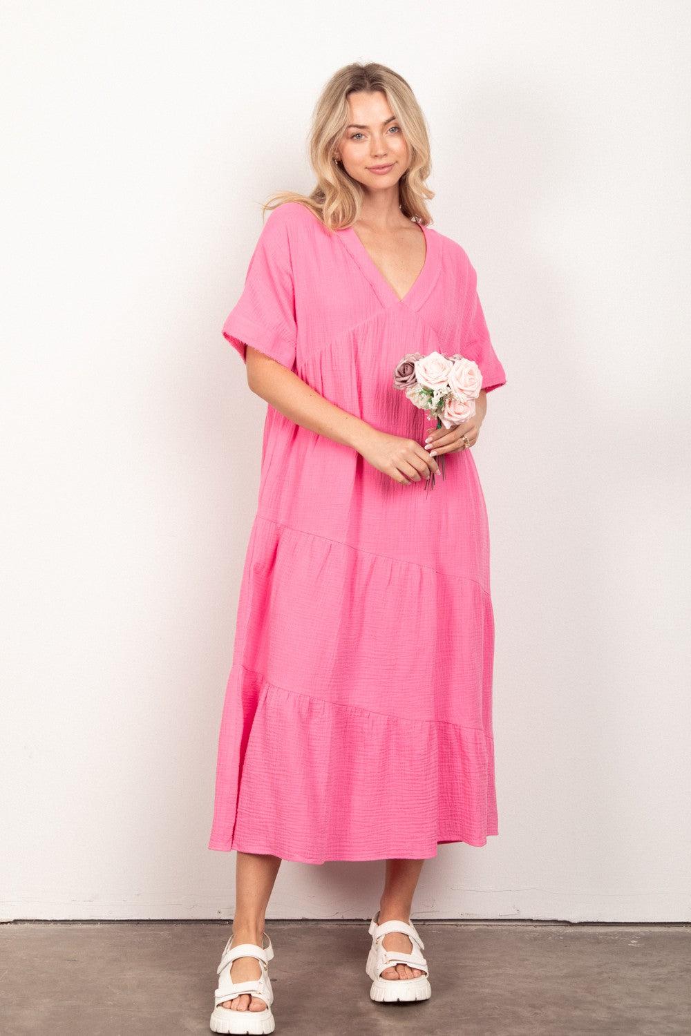 VERY J Soft Crinkle Gauze Short Sleeve Midi Dress PINK