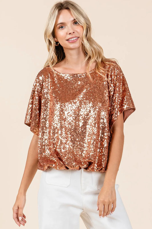 Mittoshop Sequin Short Sleeve Elastic Band Hem Top