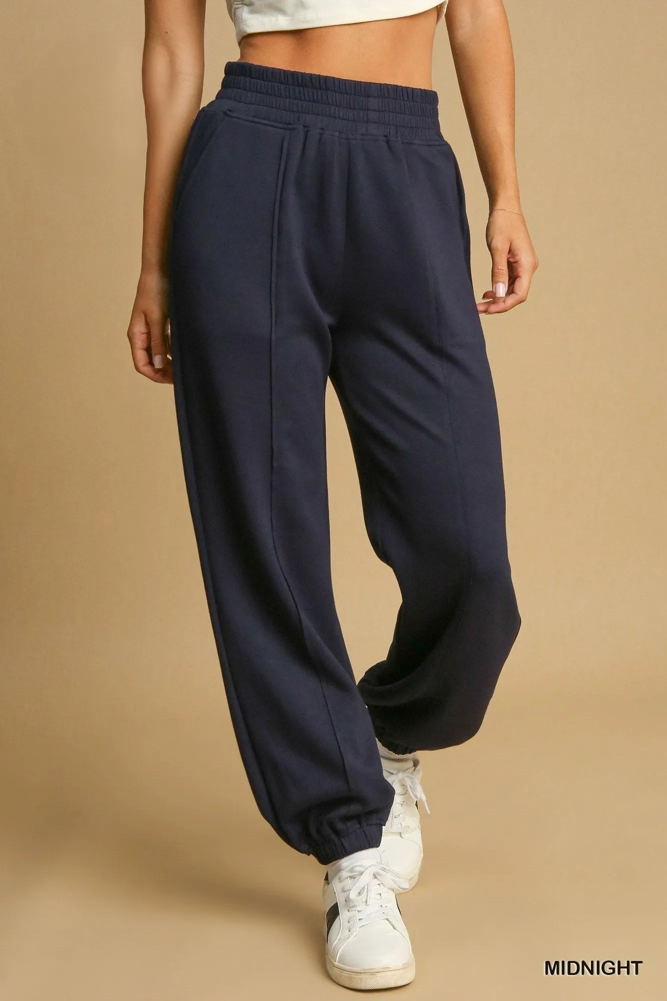 Umgee Drawstring Jogger Pants with Front Seam Detail MIDNIGHT