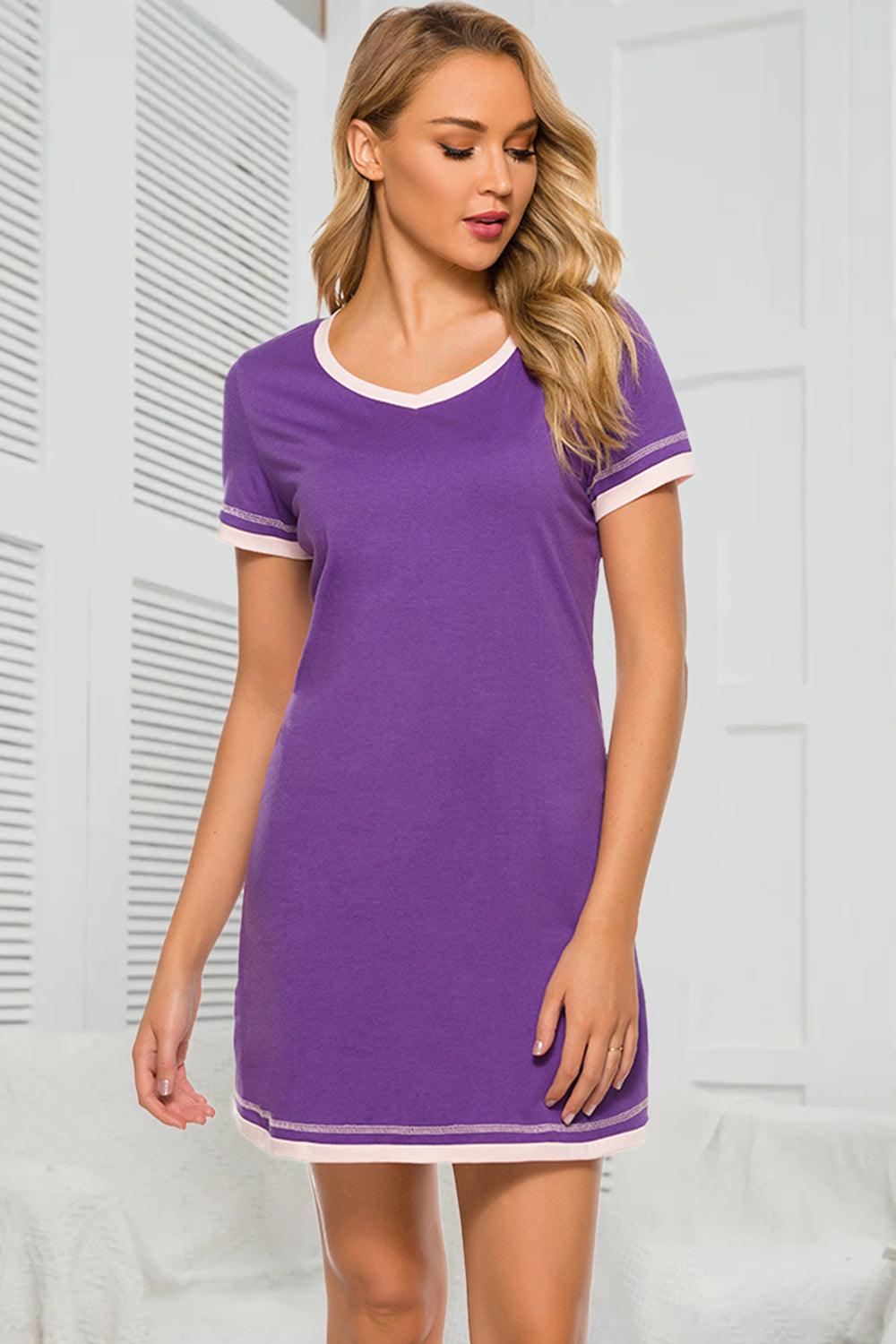 Contrast Trim Short Sleeve Lounge Dress Purple