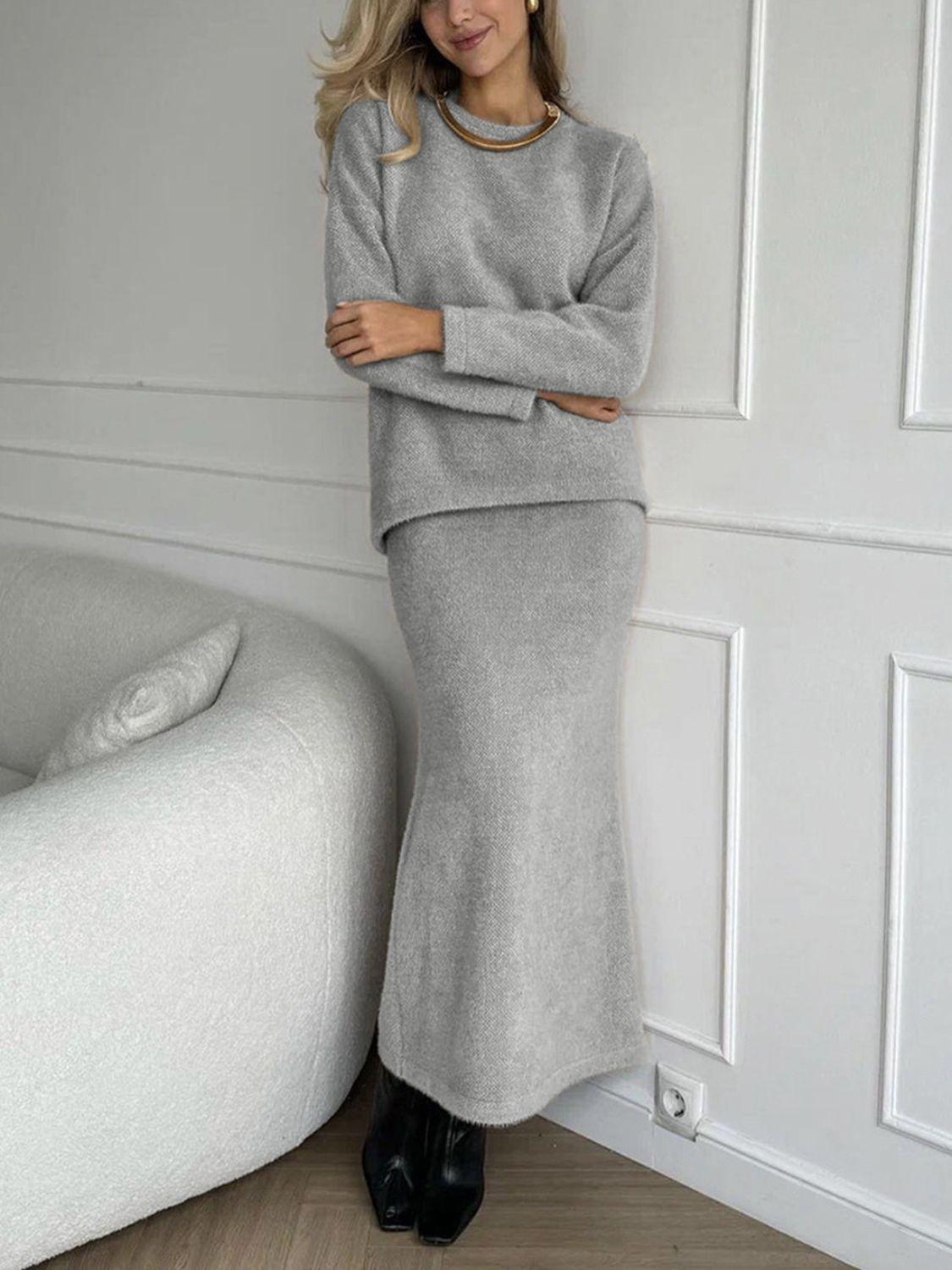Round Neck Dropped Shoulder Top and Midi Skirt Sweater Set Gray One Size