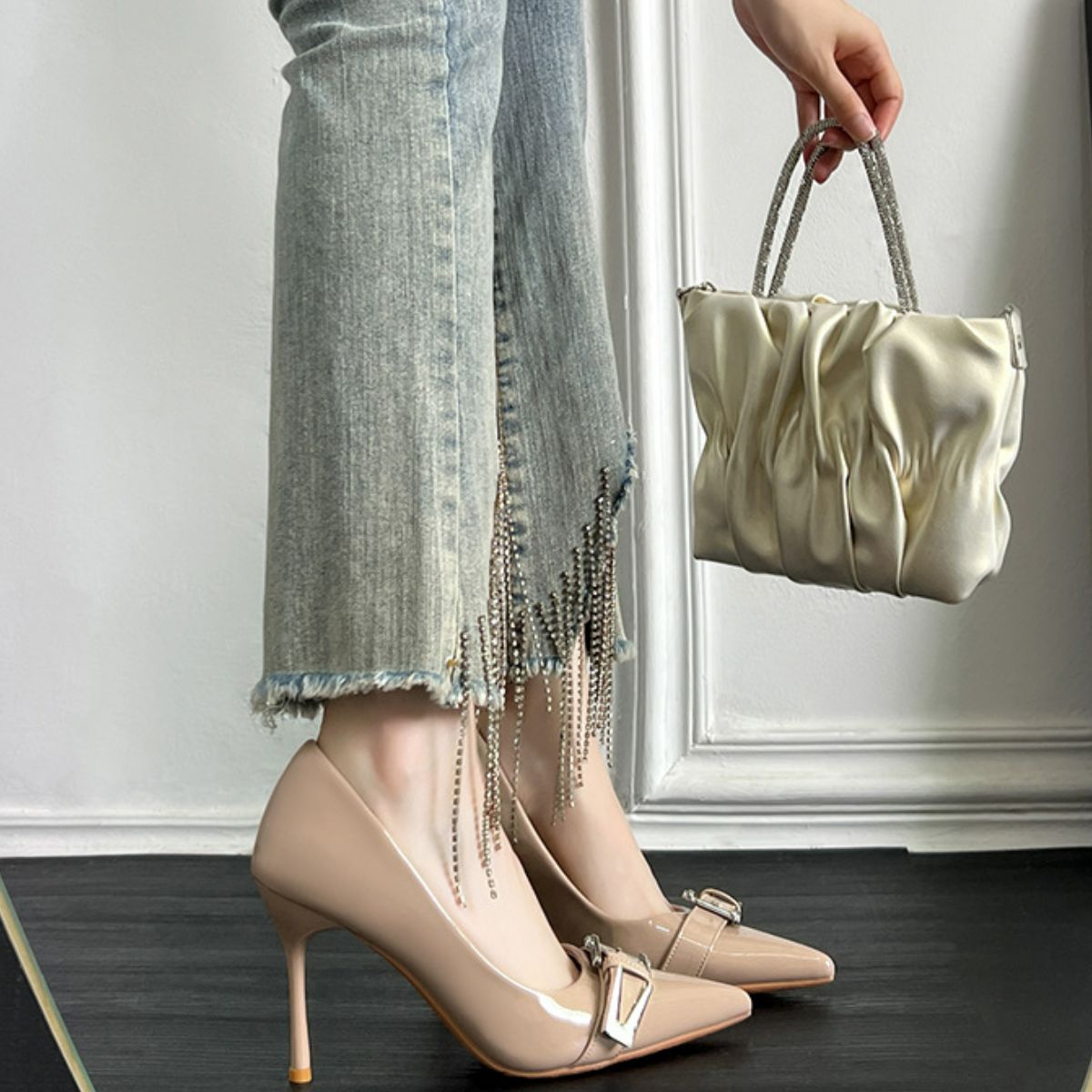 Decor Buckle Point Toe Stiletto Pumps Apricot