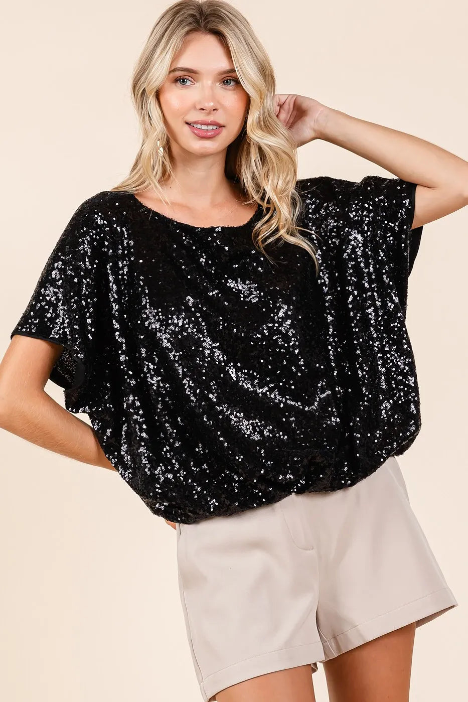 Mittoshop Sequin Short Sleeve Elastic Band Hem Top