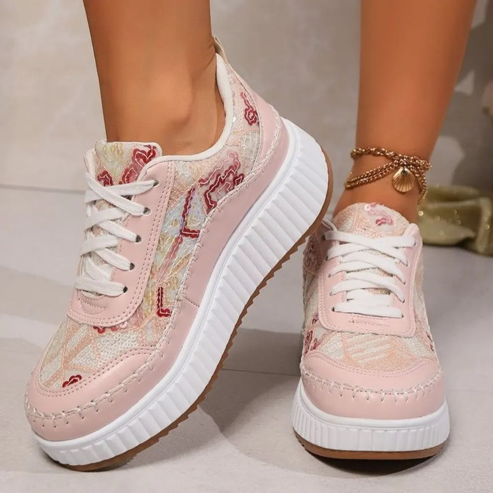 Sequin Round Toe Platform Lace Up Sneakers Pink