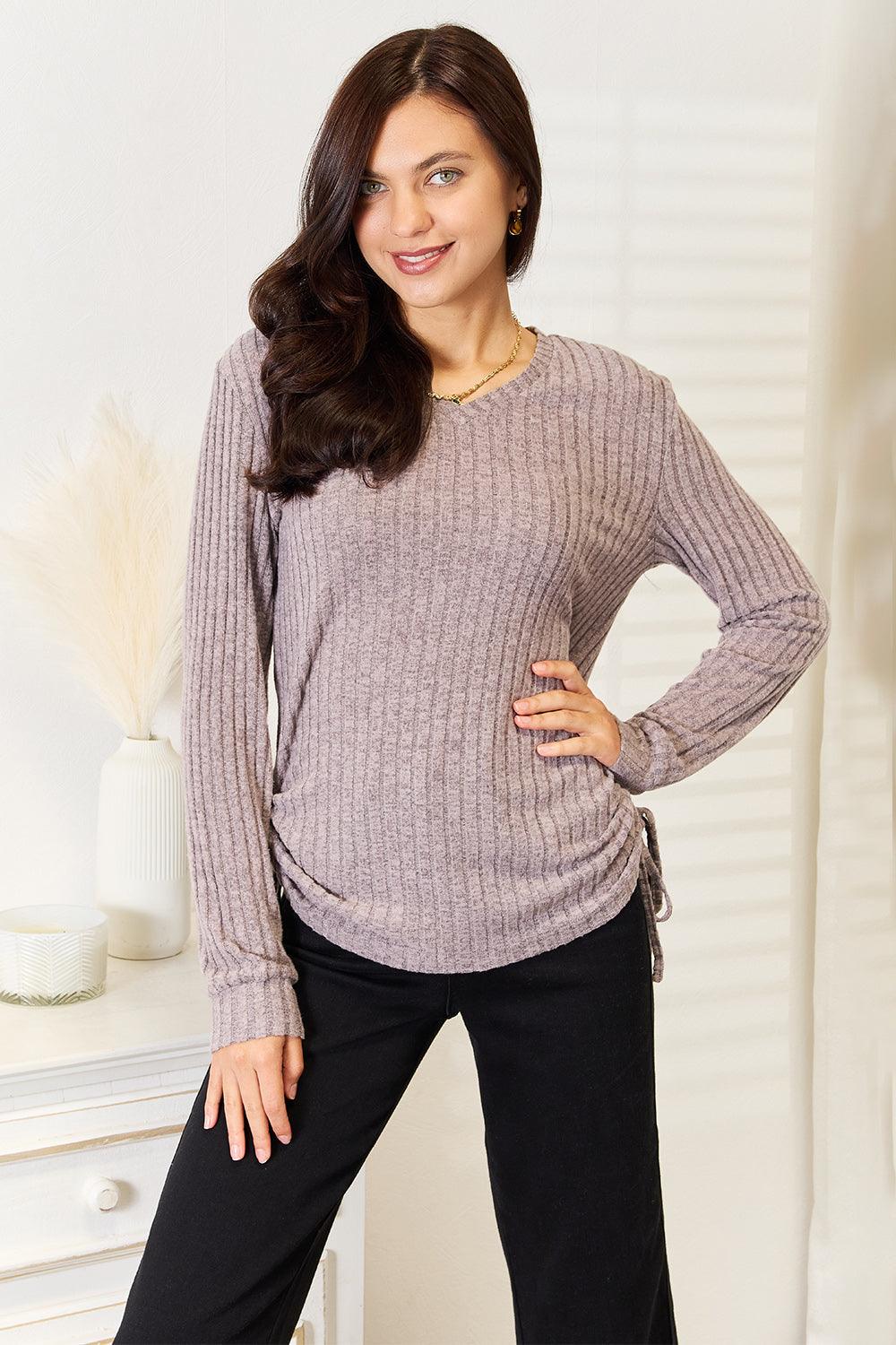 Double Take Drawstring Ribbed Long Sleeve T-Shirt Dark Gray