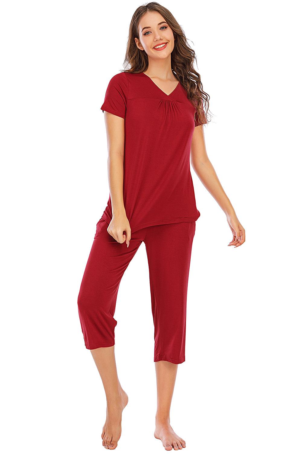 V-Neck Short Sleeve Top and Pants Lounge Set Scarlet