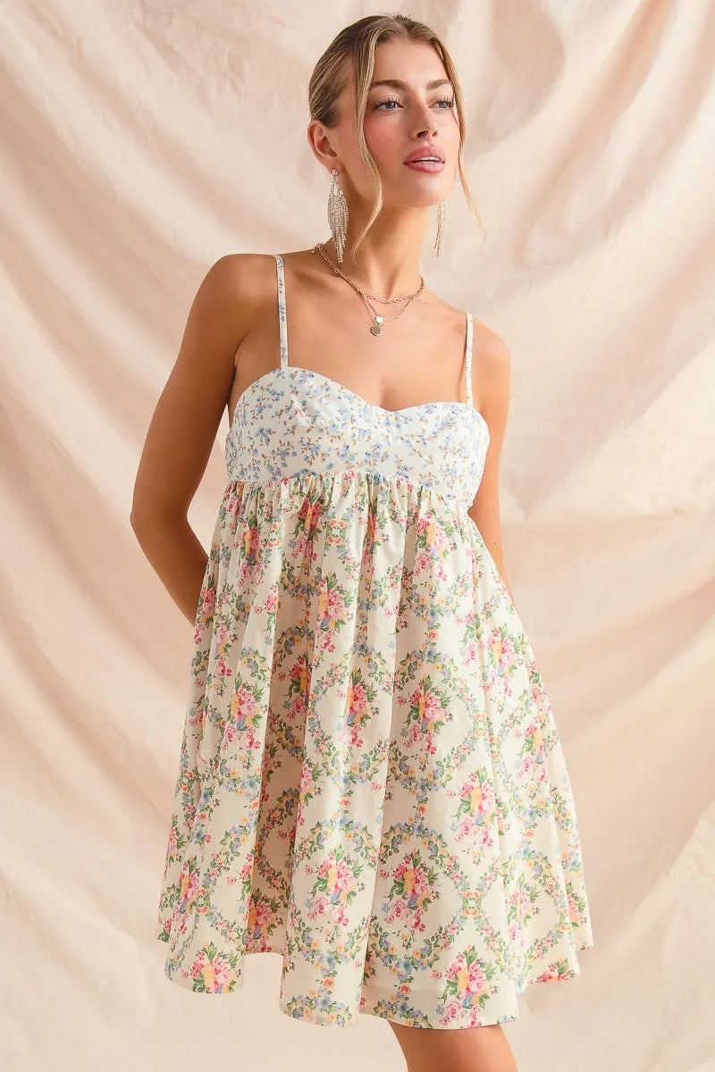 SO ME Mixed Floral Print Sleeveless Mini Dress CREAM COMBO