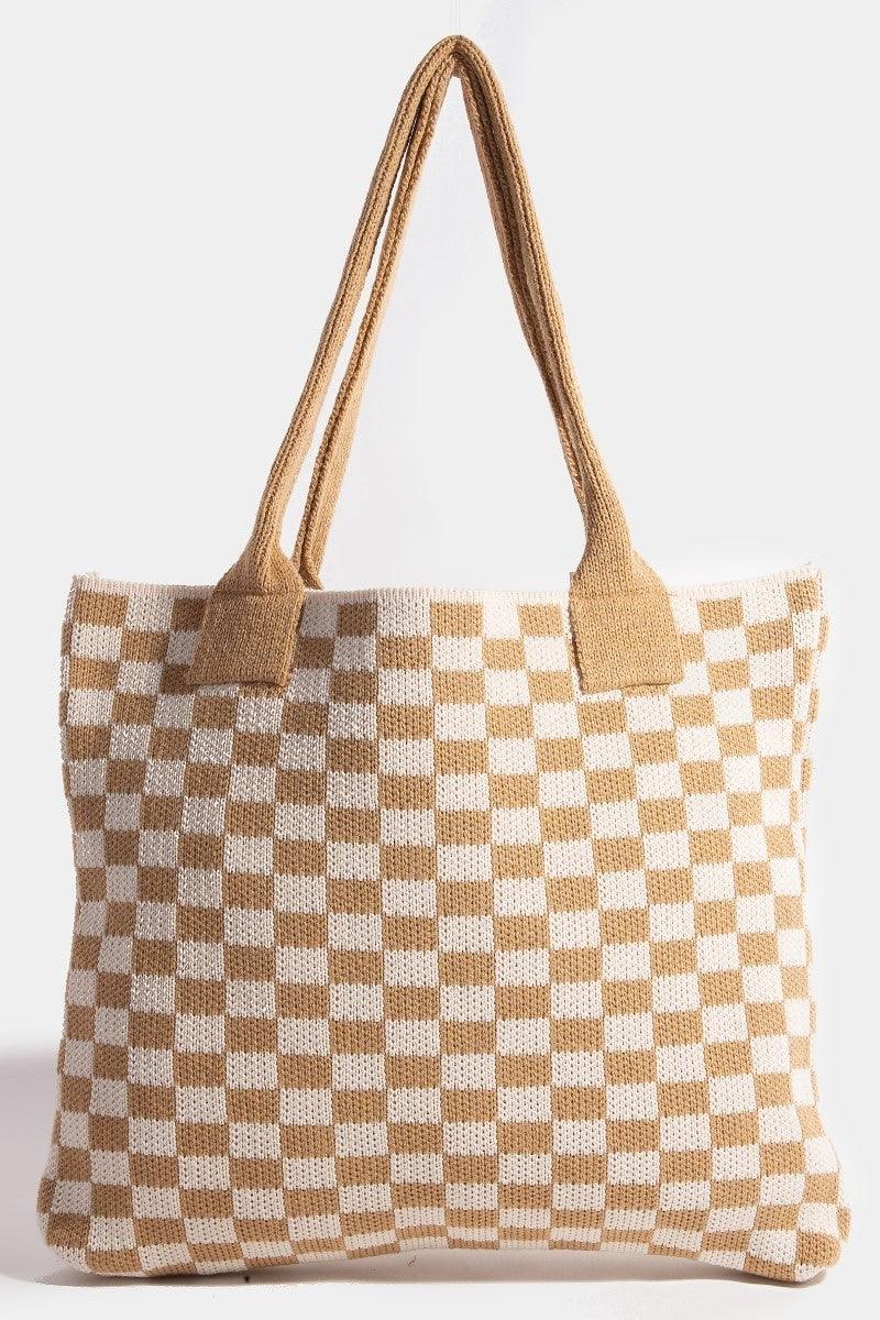 Fame Checkered Pattern Tote Bag Tan One Size