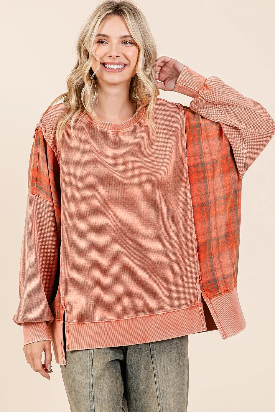 Mittoshop Plaid Panel Mineral Wash French Terry Sweatshirt FADED BRICK