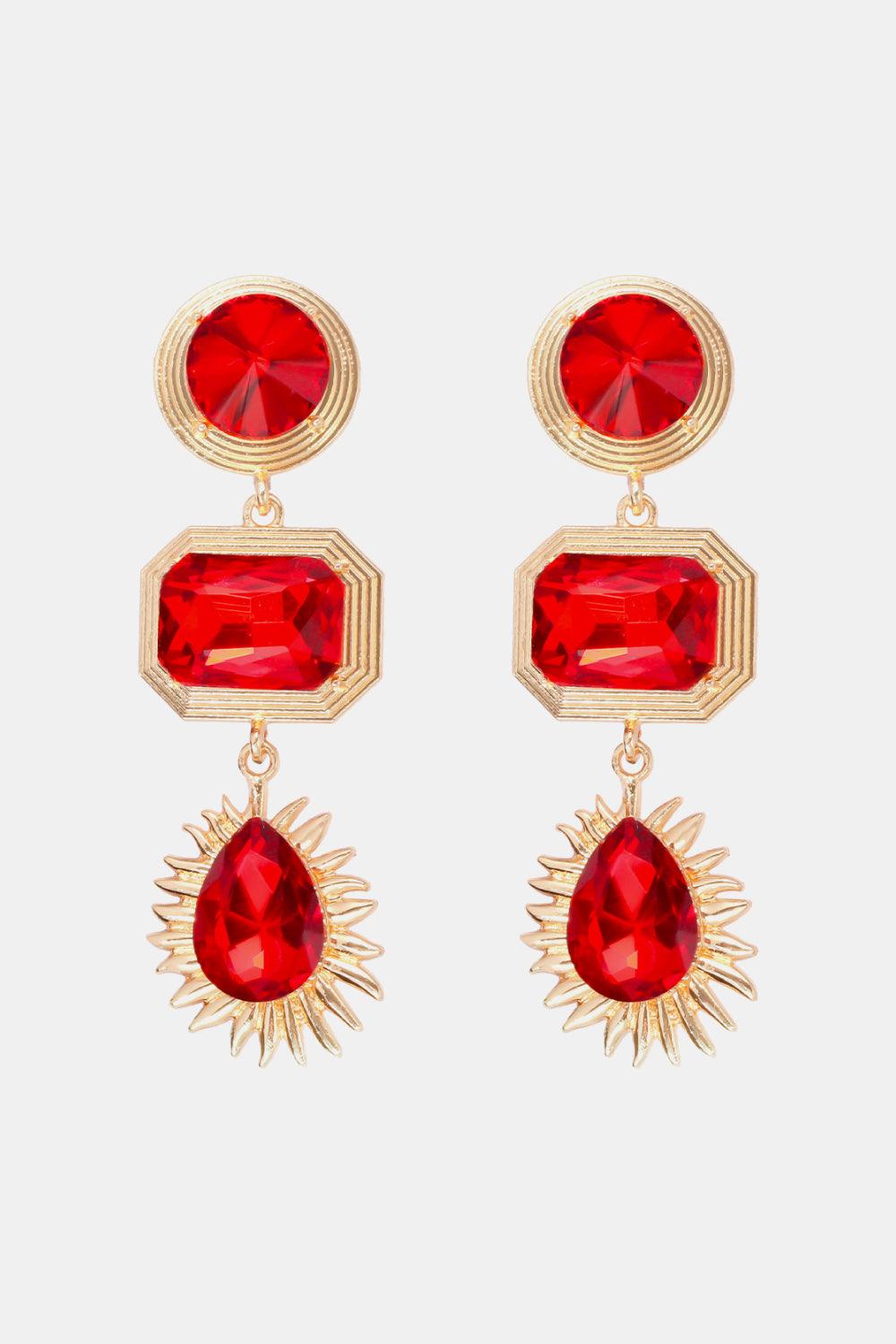 Geometrical Shape Zinc Alloy Frame Glass Dangle Earrings Red One Size