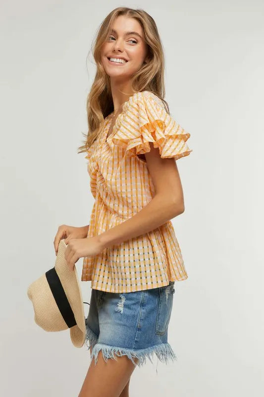 Davi & Dani Shirring V-Neck Ruffle Gingham Plaid Printed Top