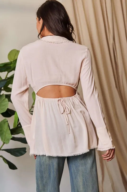 Davi & Dani V-Neck Open Back Adjustable Babydoll Shirt