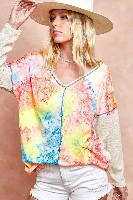 BiBi Print Block V Neck Top with Contrast Stitching