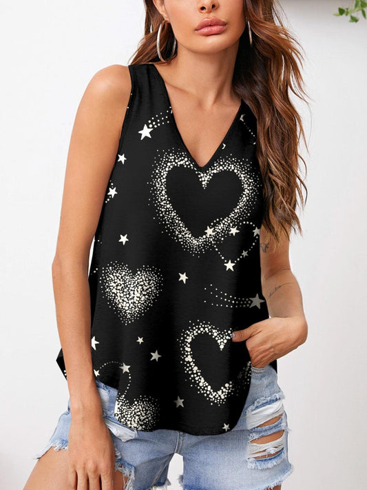 Heart Printed V-Neck Tank Black