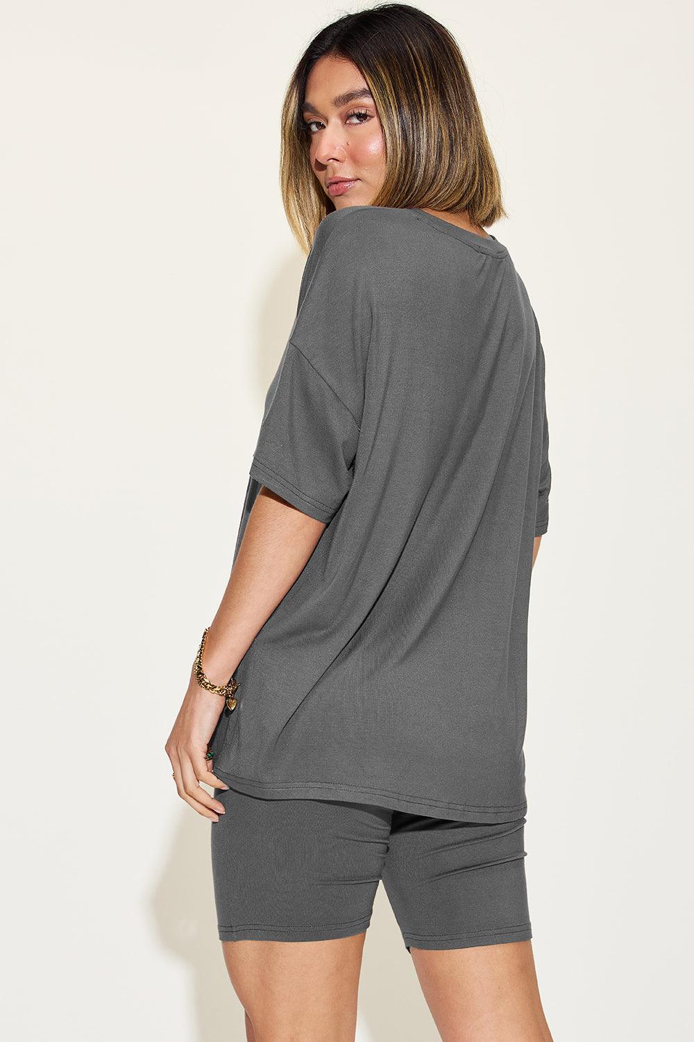 Basic Bae V-Neck T-Shirt and Shorts Set - Full Size Drop Shoulder Outfit