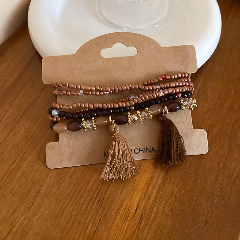 Tassel Rice Bead Bracelet Coffee Brown One Size