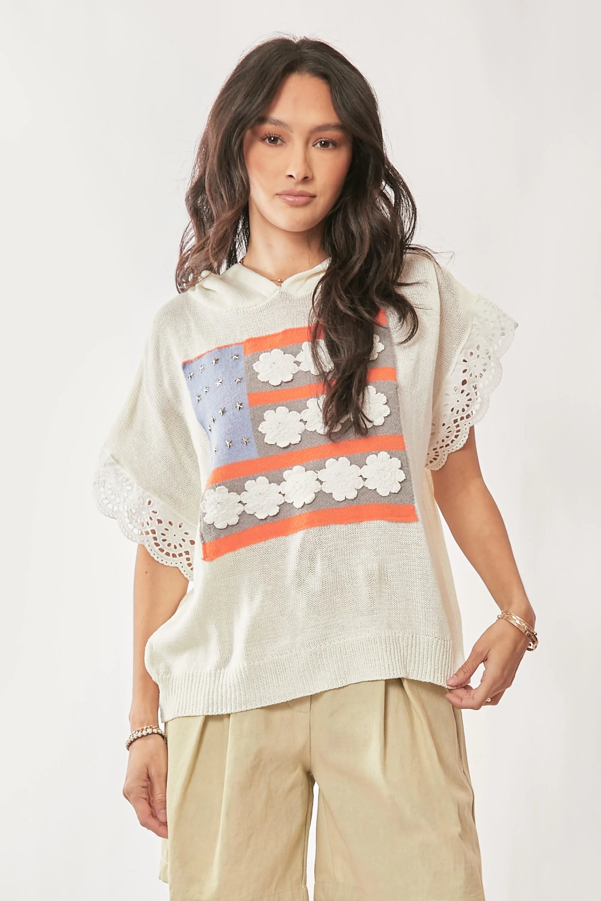 Davi & Dani American Flag Loose Fit Lace Sleeve Hoodie Top IVORY WHITE