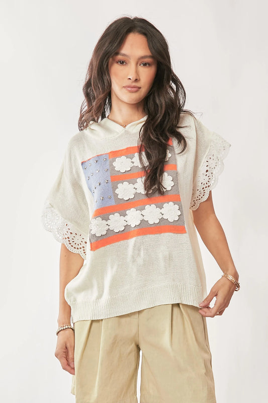 Davi & Dani American Flag Loose Fit Lace Sleeve Hoodie Top IVORY WHITE