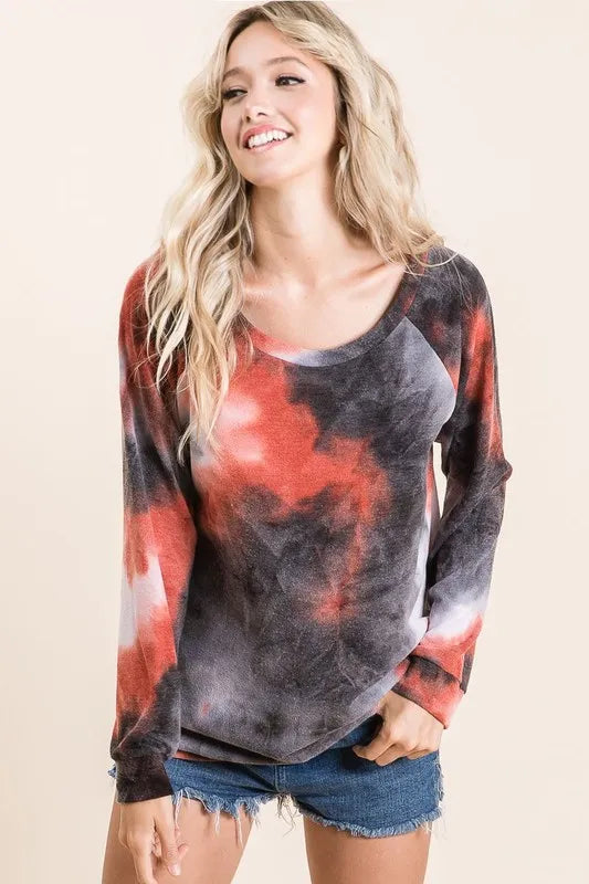 BiBi Tie Dye Sweater Knit Top RUST CHARCOAL