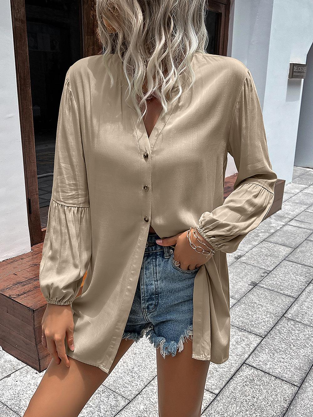 Ivy Lane Notched Neck Balloon Sleeve Shirt Khaki