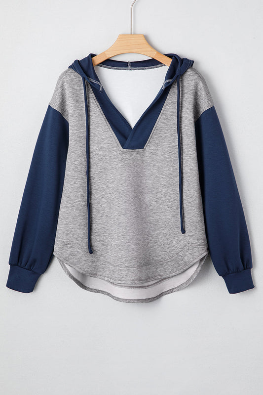 Colorblock Patchwork V-Neck Drawstring Hoodie