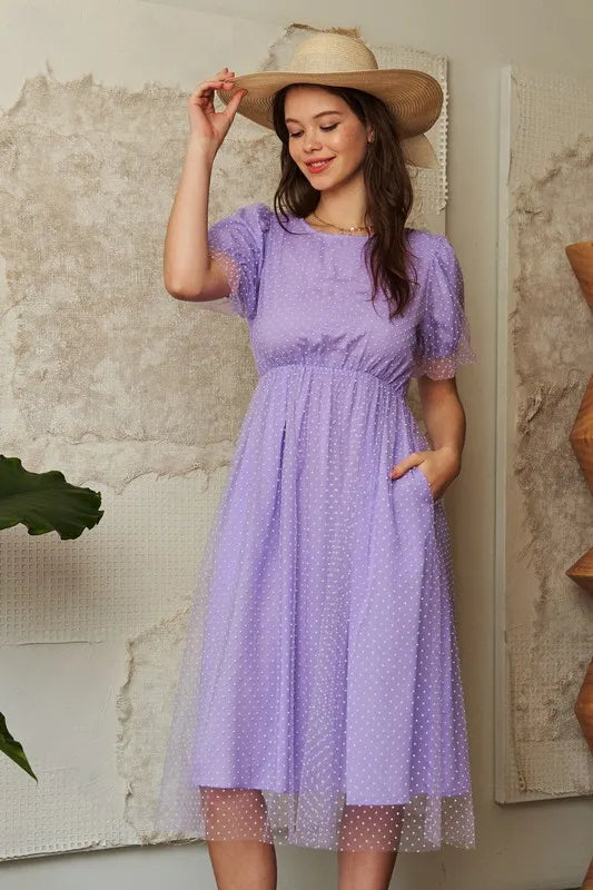 Davi & Dani Mesh Puff Short Sleeve Midi Dress