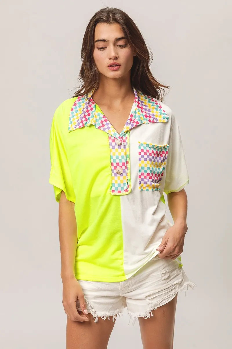 BiBi Color Block Knit with Multi Checker Contrast Top