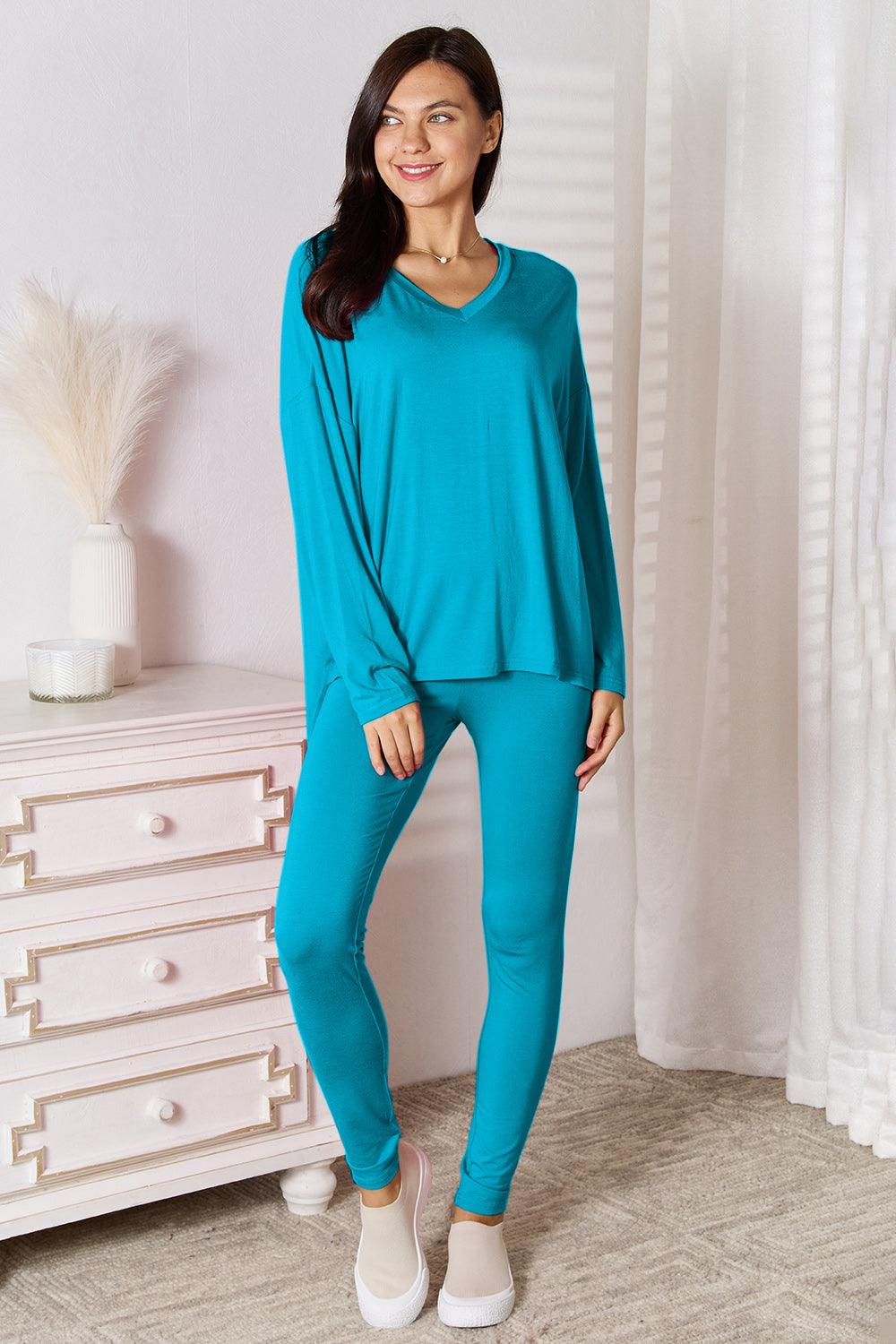 Basic Bae Full Size V-Neck Soft Rayon Long Sleeve Top and Pants Lounge Set Sky Blue