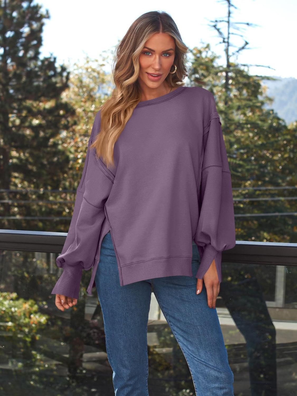 Slit Round Neck Long Sleeve Sweatshirt Mauve