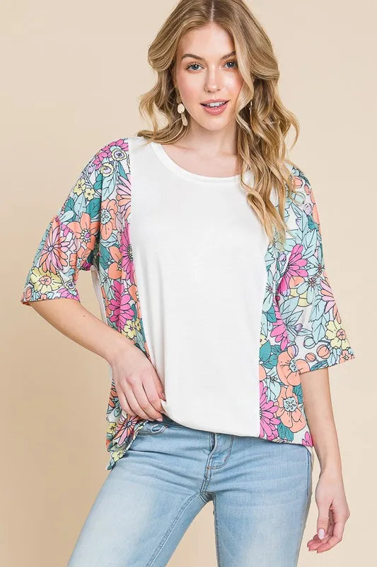BOMBOM Floral Round Neck Half Sleeve T-Shirt White