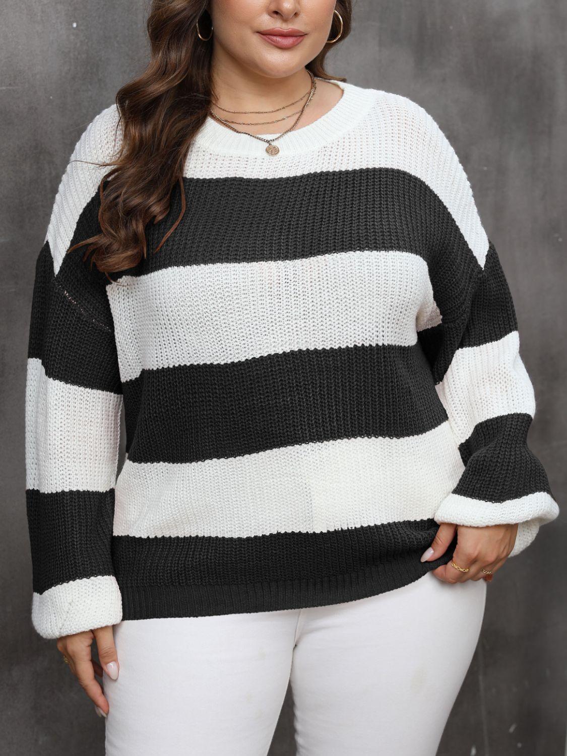 Plus Size Striped Round Neck Long Sleeve Sweater Black
